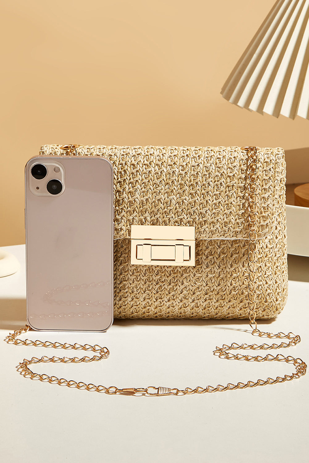 Chic Camel Woven Shoulder Bag with Chain Strap