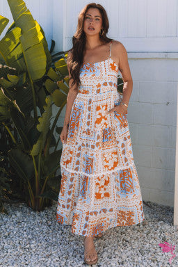 Orange Multi Printed Spaghetti Straps Maxi Dress