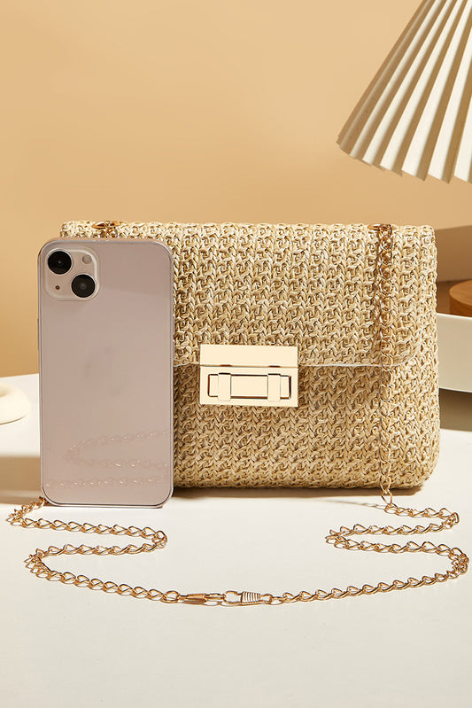 Chic Camel Woven Shoulder Bag with Chain Strap