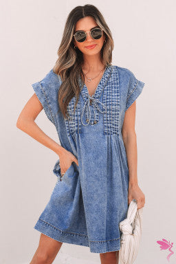 Beau Blue Tie V Neck Denim Shift Dress