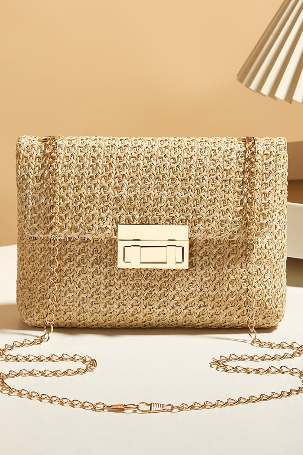 Chic Camel Woven Shoulder Bag with Chain Strap