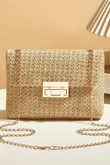 Chic Camel Woven Shoulder Bag with Chain Strap