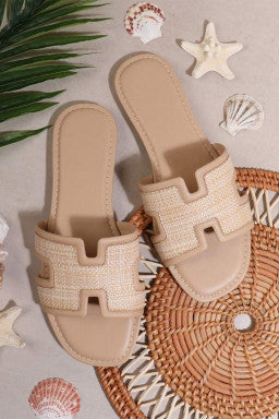 Pre-Order White Faux Raffia Detail Hollowed Open Toe Sandals